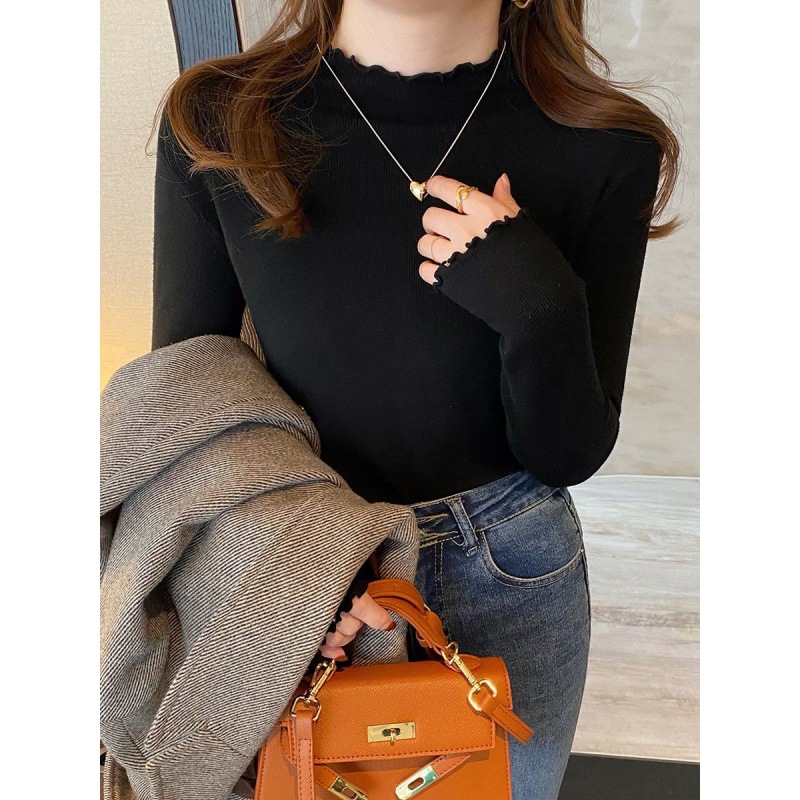 黑色针织半高领打底衫女秋冬洋气内搭木耳边中领毛衣修身长袖上衣