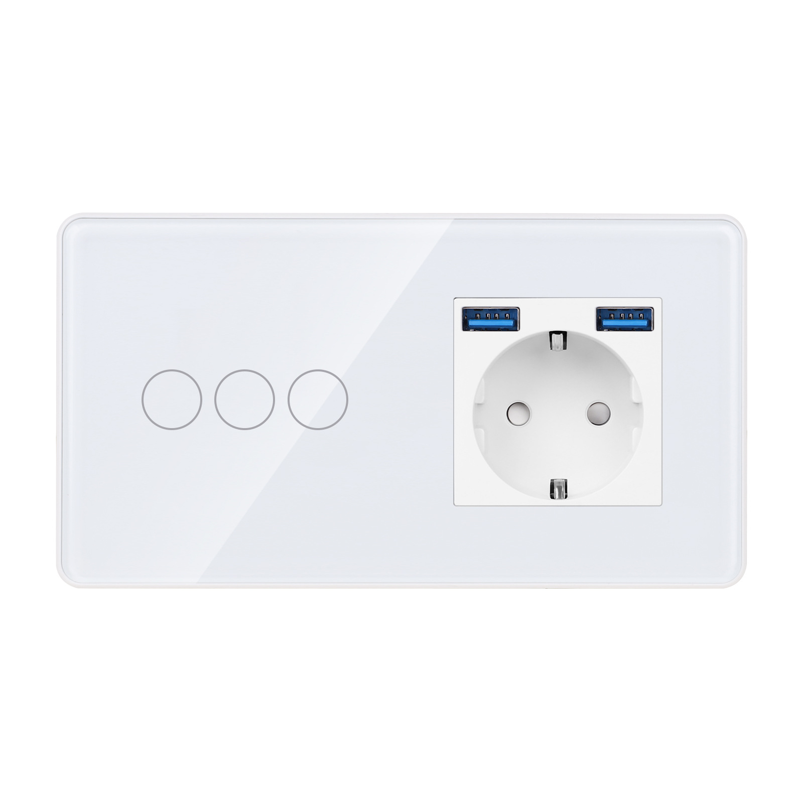 3G白色触摸开关+德插USB AA,2.5D圆角玻璃EU俄罗斯插座157*86*35m