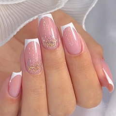 Mid-length ballet-style nude-look white French-style minimalist glittery girlie soft-pink wearable nail tips