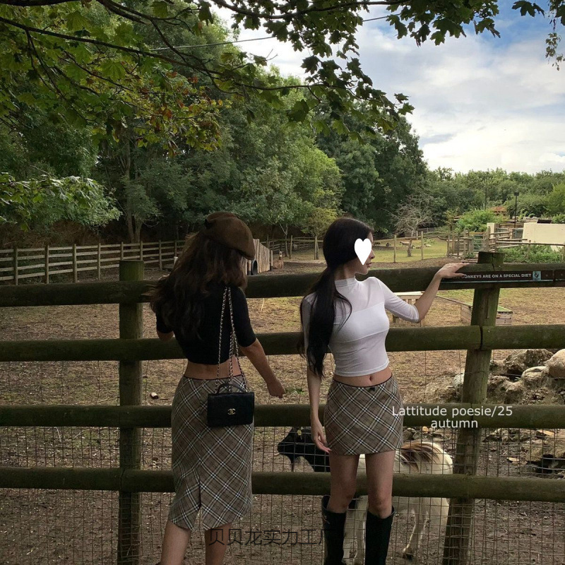 切尔西 蕾丝腰头美式复古百搭格纹包臀半身裙