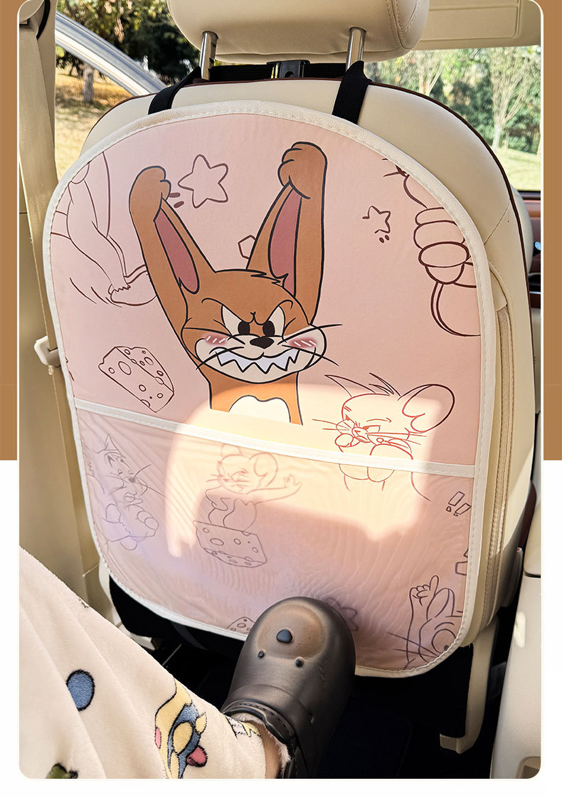 Cat and Mouse Cartoon Car Seat Back Anti-Kick Pad Car Seat Back Anti-Dirt Pad with Storage Bag