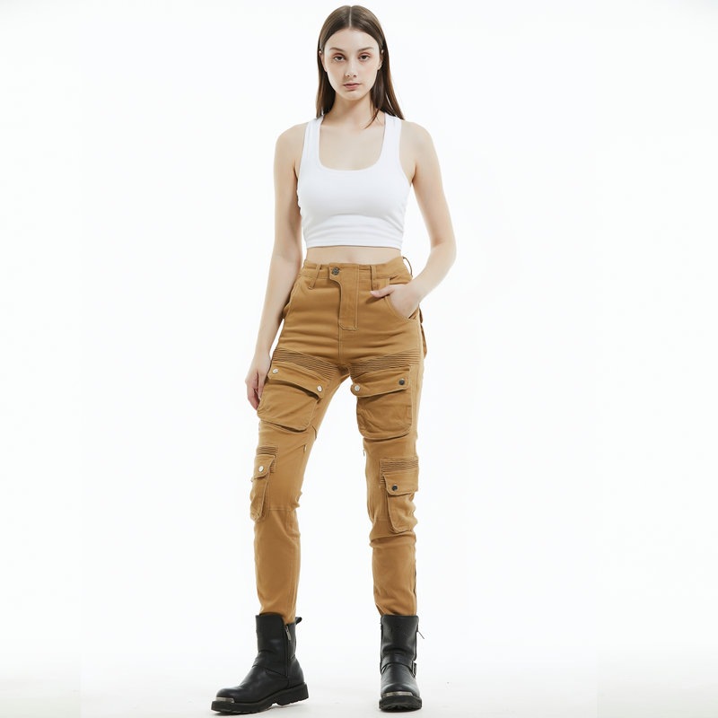 Loong biker motocicleta equitación pantalones de las mujeres Caballero retro casual multi-bolsa motocicleta monos de color caqui