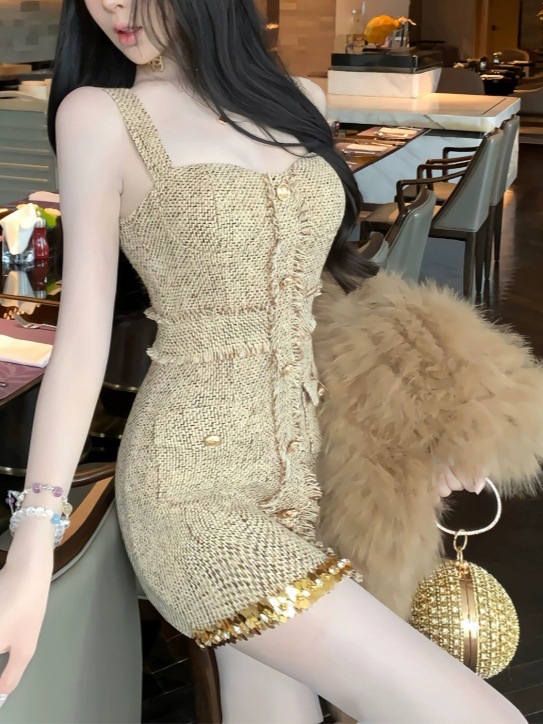 小香风吊带连衣裙女2025秋季富家千金a字裙法式名媛裙子|undefined