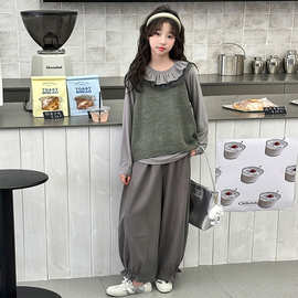 女童春款套装2026新款大童女孩针织马甲娃娃领打底衫休闲裤三件套