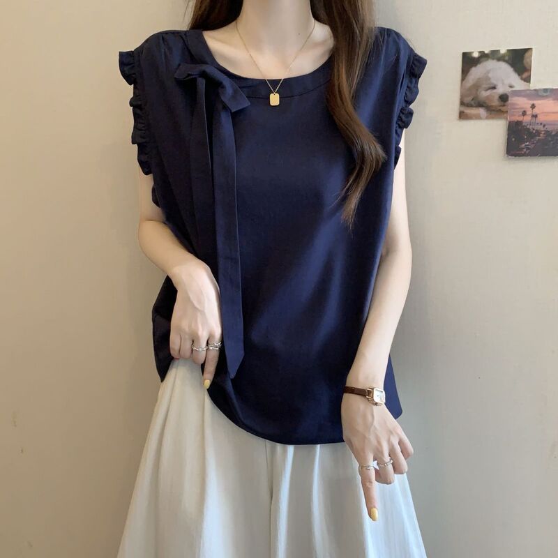 Plus Size Stereo Decorative Bow Vest Women's Summer New Fat mm Loose Slimming Look Cover-Up Sleeveless Top