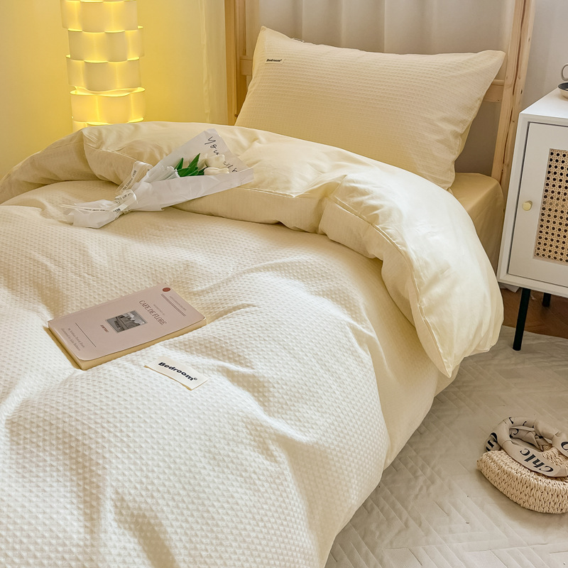 Dormitorio de estudiantes Juego de cama de gofres de algodón de algodón de tres piezas, sábanas, fundas de edredón, sábanas, sábanas y colchones