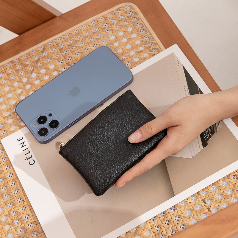 男女通用新型ライチ柄シンプルファスナー小銭入れ超薄型ショートカードコインキー収納バッグ