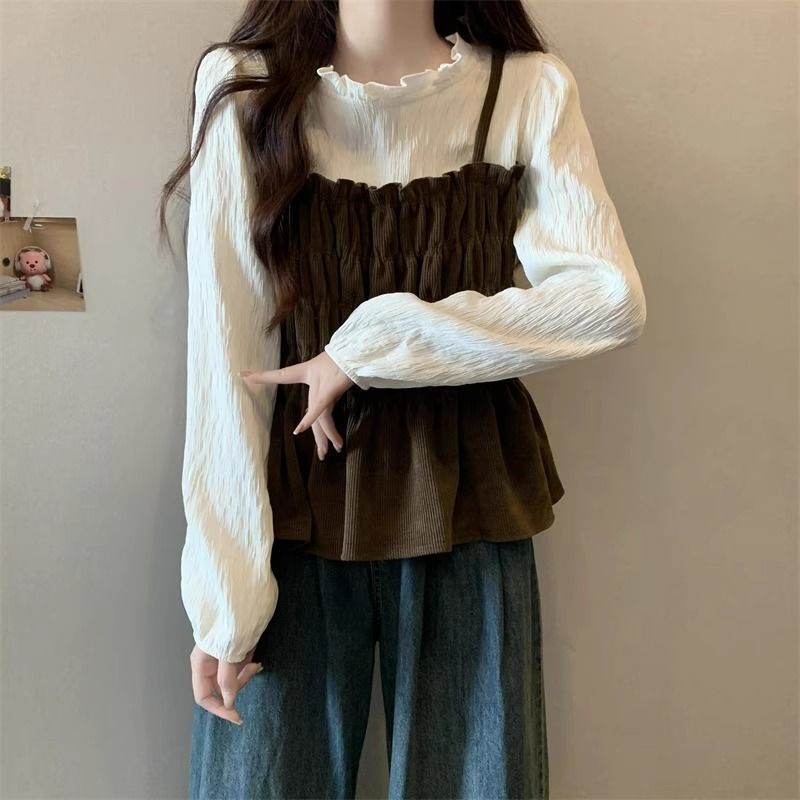 Fake Two-Piece Niche Belly-Covering Top, Slimming Short Babydoll Shirt, Spring and Autumn Shirt, Feminine French Style Fat Waist