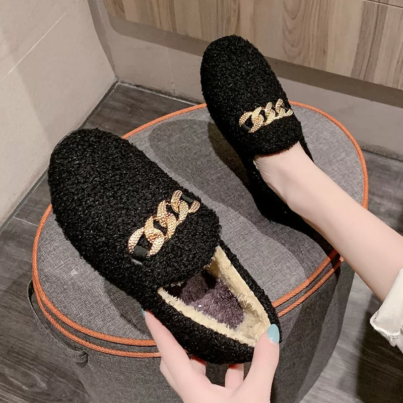 Demi‑season warm slippers, PVC upper, suede‑effect and faux‑fur trim, Korean style, sizes 36–40