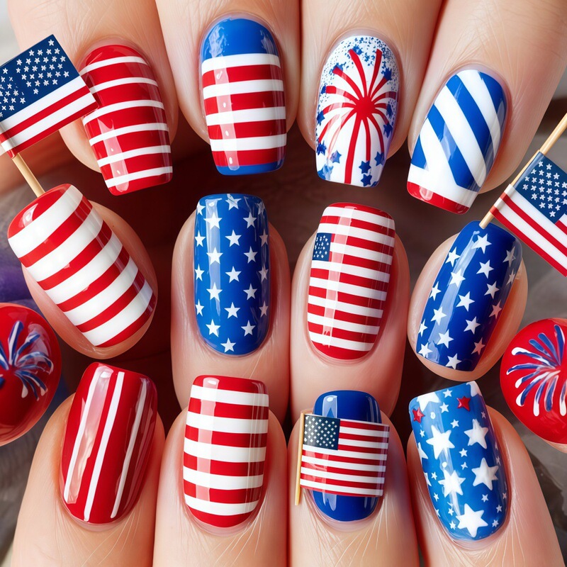 Independence Day American Flag Fireworks Nail Art Red White Blue Star Stripes Design Short Square Nail Tips Sj37