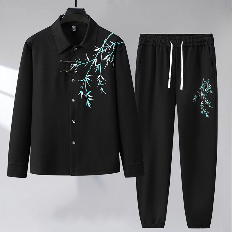 New Chinese Style Large Size Long-Sleeve Shirt for Men with Traditional Chinese Design, High-End Tang Suit, Plus Size