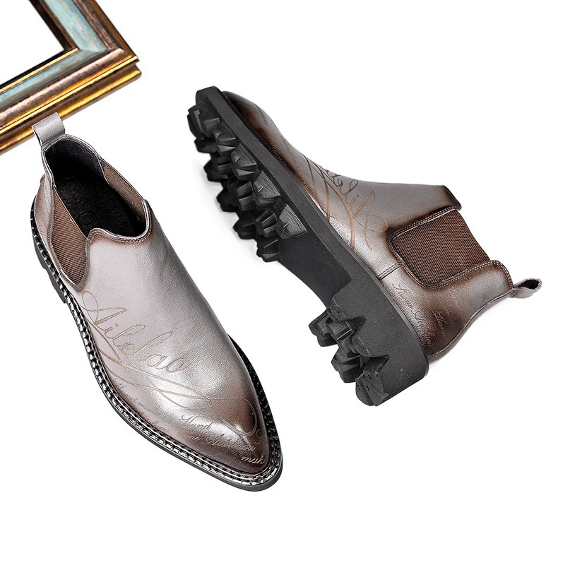 Новые осенне-зимние Ботинки Martin из воловьей кожи, мужские Ботильоны челси с низким берцем, высокие кожаные ботинки без шнуровки с острым носком, серого цвета