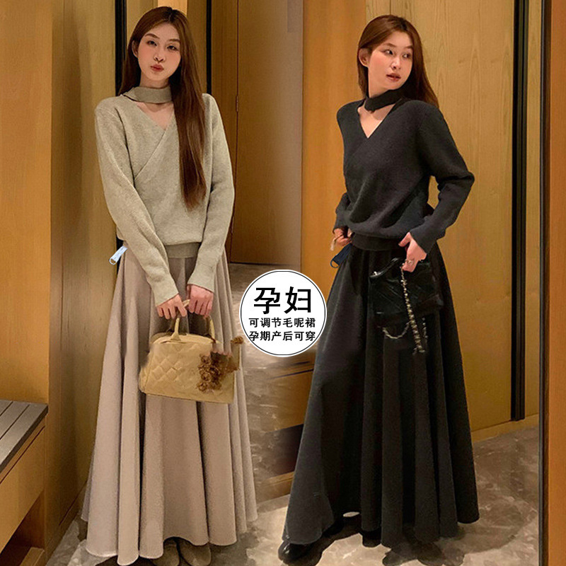 Maternity woolen skirt for women, new autumn and winter style, without belly support, thickened umbrella skirt, elegant drape, large hem A-line long skirt Maternity woolen skirt for women, new autumn and winter style, without belly support, thickened umbrella skirt, elegant drape, large hem A-line long skirt