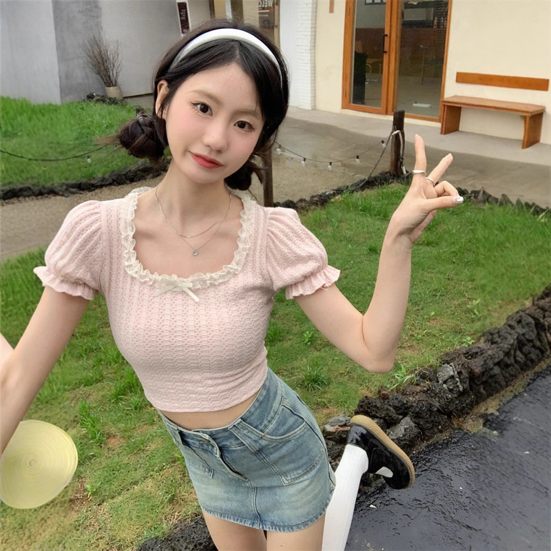 Sweet and Gentle Style Square Collar Lace Short-sleeved T-shirt Women's Summer 2025 French Ballet Style Slim-fit Short Top