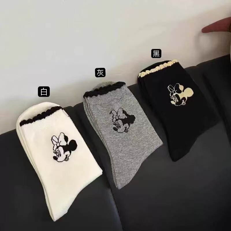 24 New Autumn and Winter Korean Women's Socks Sweet Cute Mickey Mouse AB Version Conclashing Lace Fashion Stylish Mid-tube Socks