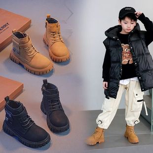Boys Martin Boots Fall/Winter 2024 Children's Single Boots Yellow Boots fleece-lined Cotton Shoes Genuine Leather British Style Boots New Style