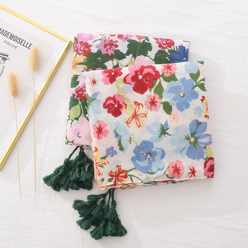Primavera y verano transfronterizo bufanda de seda fina hojas de colores floral impreso trenza borla de algodón y lino sensación bufanda