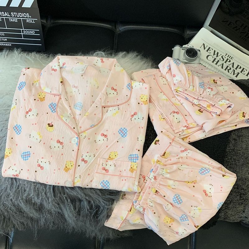 【蓝豹纹凯蒂猫】蓝色豹纹短袖云朵绵三件套褐色领睡衣女夏家居服|undefined