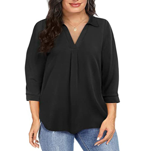 2025 Cross-border Amazon New European and American Style Chiffon Women's Pullover Plus-size Loose V-neck Three-quarter Sleeve Shirt Top