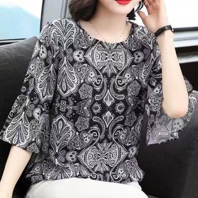 新款中年女士妈妈装夏装中老年小衫T恤衬衫雪纺遮肚短袖洋气上衣|ru