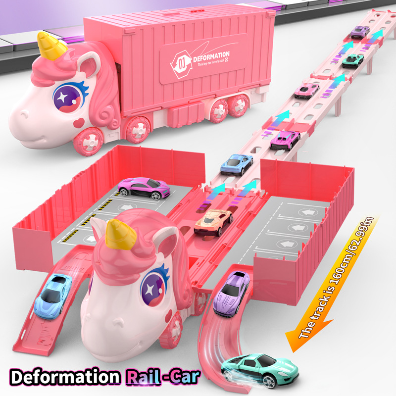 Cross-Border Children's Toys Folding Deformation Large Truck Container Unicorn Dinosaur Ejection Track Alloy Car