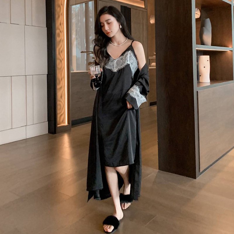 Herabella Light Luxury Lady Pure Sexy Lace Ice Silk Sling Nightgown Two-piece Nightgown