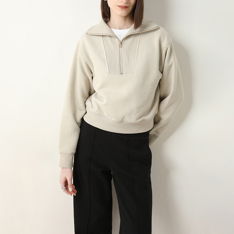 CANVAUS medio cuello abierto cremallera suéter forrado de lana de las mujeres Otoño e Invierno gota hombro manga larga suelta capa de color sólido simple superior