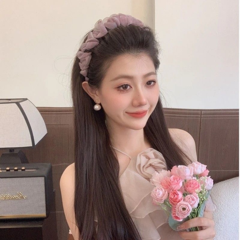 【カラフルなグラデーション】プリーツメッシュウェーブヘアバンド 女性用 夏用 歯付き滑り止め 高頭囲ヘッドバンド 花びらグラデーション|undefined
