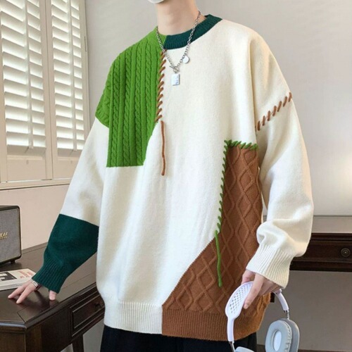 Autumn/Winter Color Block Stitched Individual Sewn Crew Neck Knit Sweater, Thick Men's Lazy Style Couple Hooded Sweater