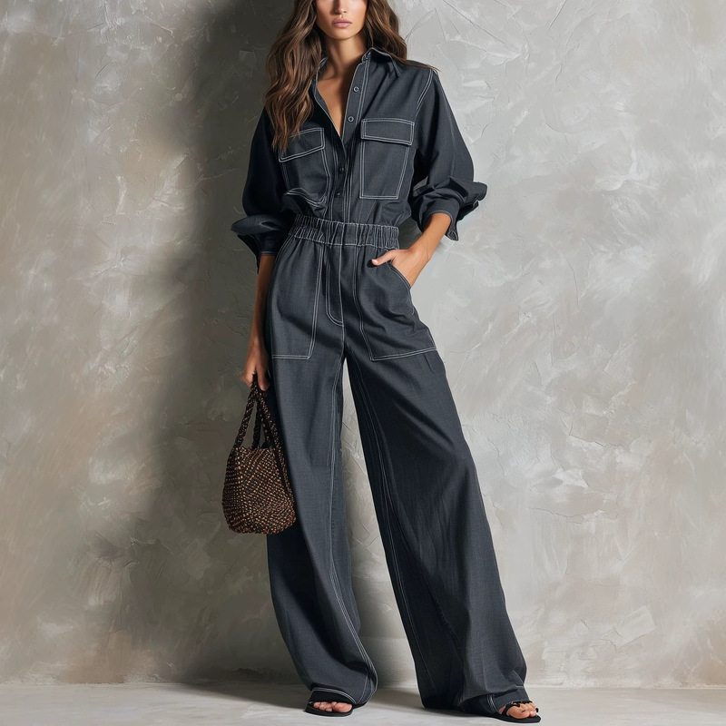 2026 Cross-Border European and American Women's Casual Cotton-Linen Blend Long-Sleeve Shirt with Turn-Down Collar and Wide-Leg Jumpsuit