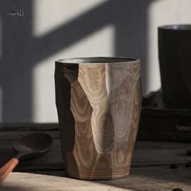 日式陶瓷马克杯 复古刀削杯手握杯带盖勺 精品粗陶咖啡杯个性柴烧
