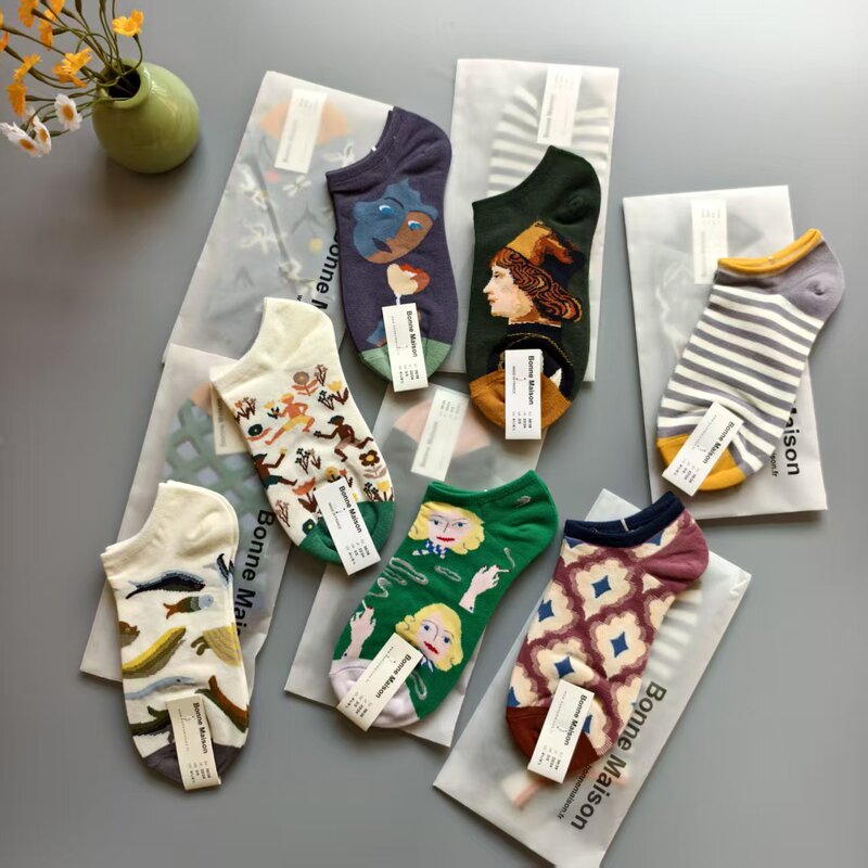 New Style Boat Socks with Oil Painting Design, Fun and Artistic Trendy Brand Short Socks, Niche Socks for Women, All-Season Combed Cotton Casual Socks New Style Boat Socks with Oil Painting Design, Fun and Artistic Trendy Brand Short Socks, Niche Socks for Women, All-Season Combed Cotton Casual Socks