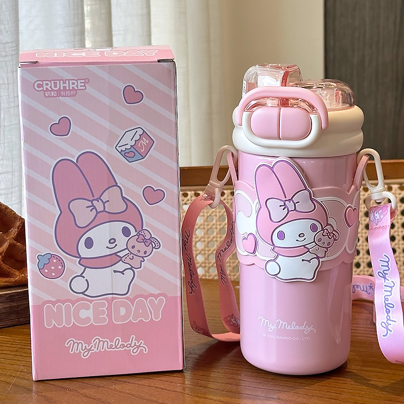 Termo Kuromi 316 de aspecto elegante, taza doble para beber, para estudiantes y niños, taza especial para la escuela, portátil con pajita.