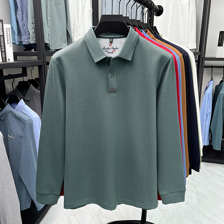 Áo polo nam dài tay cổ bẻ 100% cotton đánh bóng, form regular — nâu vàng chi tiết 16