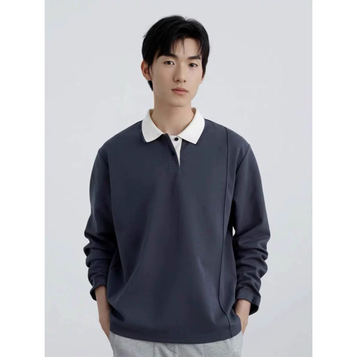 Весна и осень Новая трикотажная рубашка поло с лацканами цвета 2023 с длинными рукавами Мужская свободная повседневная мужская футболка Базовая