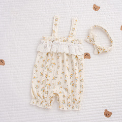 超薄透氣嬰兒女夏季服裝a類包屁衣可愛小碎花吊帶髮帶兩件套純棉