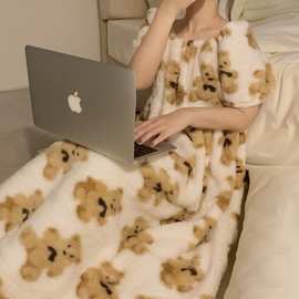 跨境外贸韩国女士冬季新款ins可爱小熊加厚保暖毛绒绒睡裙家居服