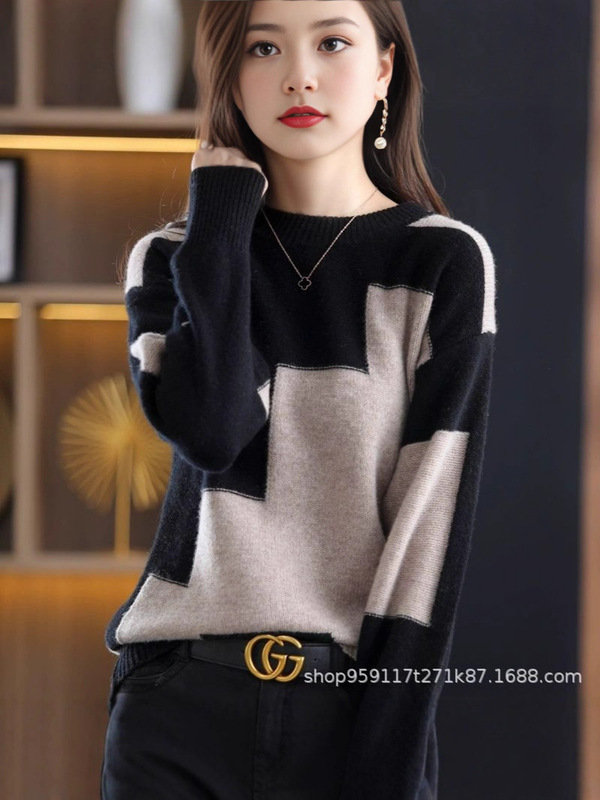 韩版拼色宽松显瘦百搭打底毛衣女拼色羊仿毛衫女秋冬新款套头毛衣|undefined
