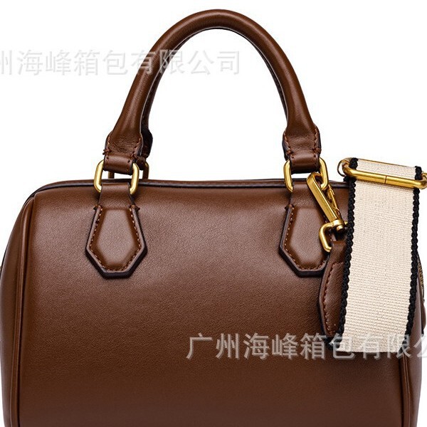 2026 Autumn New Product Women's Bag Brown Mini Bowling Bag with Double Handles Simple and Versatile Shoulder Crossbody Bag