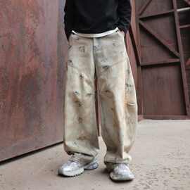 跨境2025年春季男式新款潮牌宽松直筒脏脏色水洗牛仔裤青年弯刀牛