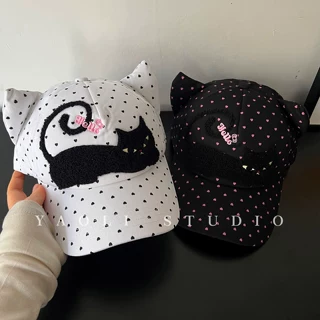YaOLI美式复古可爱波点猫咪耳朵刺绣棒球帽子女户外遮阳鸭舌帽男