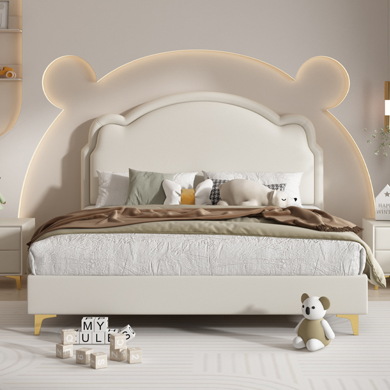 Little Bear Children's Bed, Boy&rsquo;s 1.2m Single Bed, 1.5m Genuine Leather Soft-Padded Solid Wood Modern Minimalist Children&rsquo;s Bedroom for Students