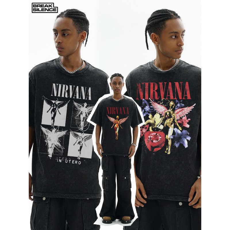 NIRVANA ロックアメリカン 3D デジタルプリントレトロ半袖 T シャツクロスボーダープリントアメリカンファッションヴィンテージ模造綿|undefined