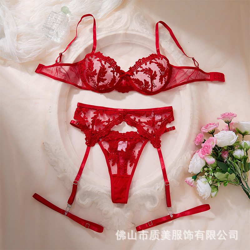 Ythree-Piece Lace Embroidered Mesh Sexylingerie Bra Set 24129