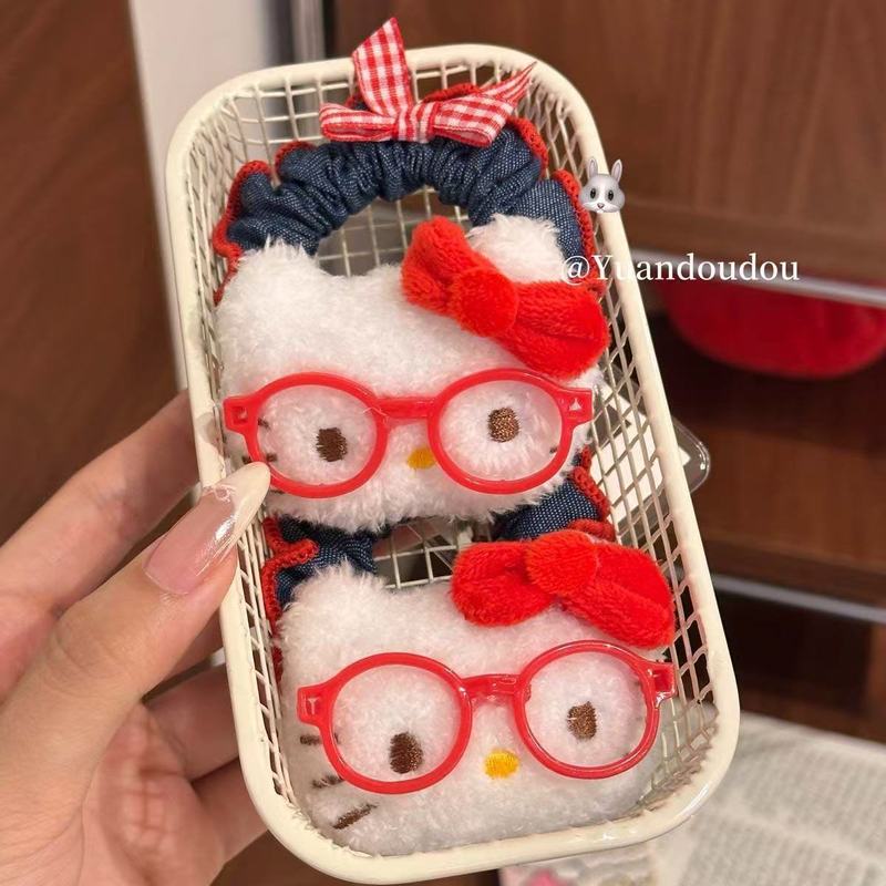 可爱眼镜KT猫牛仔发圈少女简约扎头马尾高弹力发绳甜妹丸子头发饰|undefined