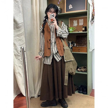 日系软妹森系简约马甲女学生秋复古半身裙休闲衬衫套装俩俩