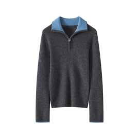 Lekasha cashmere 100%纯山羊绒女高领半拉链套头毛衣打底针织衫