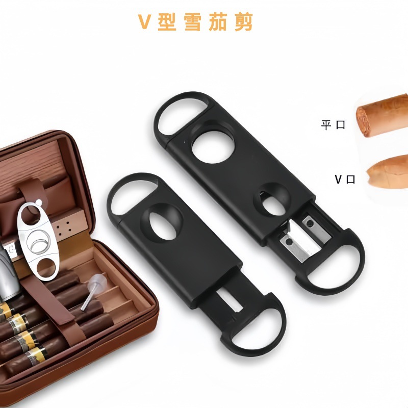 批发 塑料雪茄剪 两用V型开孔雪茄剪刀 经典黑色雪茄刀烟具二合一