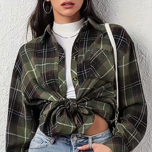 2025 Plaid Versatile Lapel Long-Sleeved Cardigan Shirt European and American Oversize Export Shirt for Women Extra Large Size