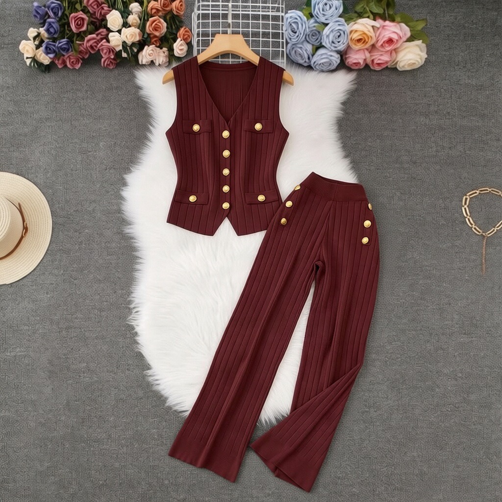 Women's Knitted Two-Piece Suit Fashionable Metal Buckle Woolen Top And Loose Wide Leg Pants High-End Pant Set_ecoleips.com